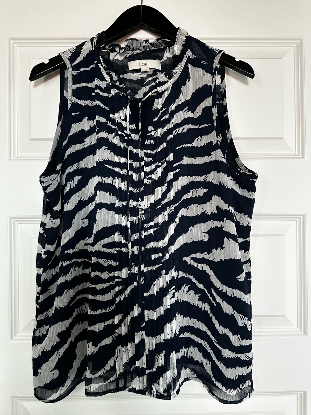 LOFT Navy and White Zebra-Print Ruffle Blouse